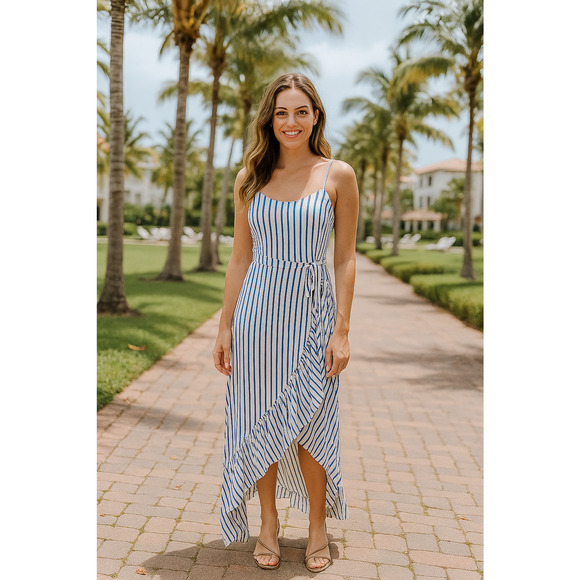 Olia Clothing Pants - NWT Olia Wrap Sundress JR Medium Blue White Stripe Dress Pockets Built-In Shorts